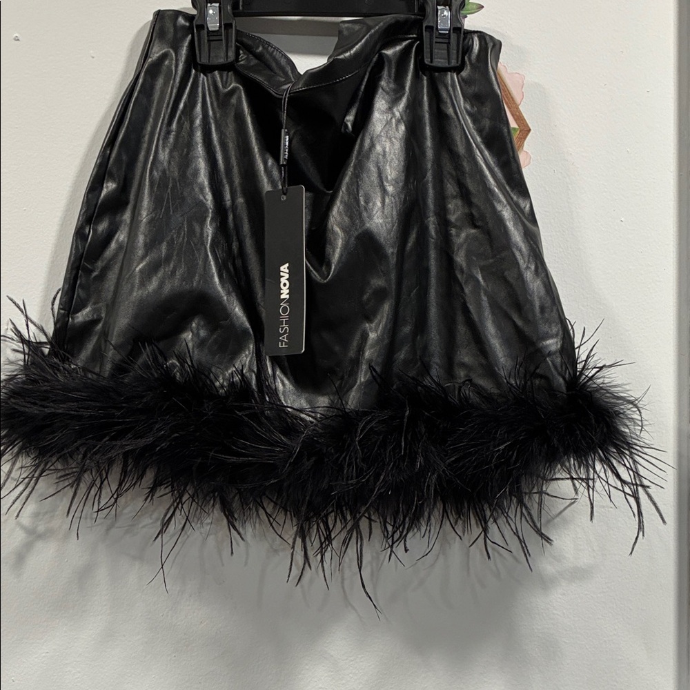 Fashion Nova Black Faux Leather Skirt with Feather Trim